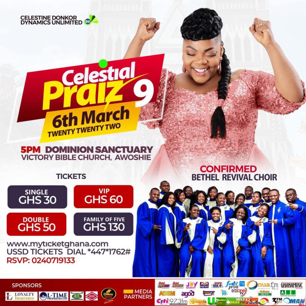 As part of activities marking this year’s independence celebration, celebrated female Ghanaian  gospel artiste, Celestine Donkor will on March 6 host her annual gospel concert dubbed “Celestial Praiz” at the Victory Bible Church, Awoshie in Accra.